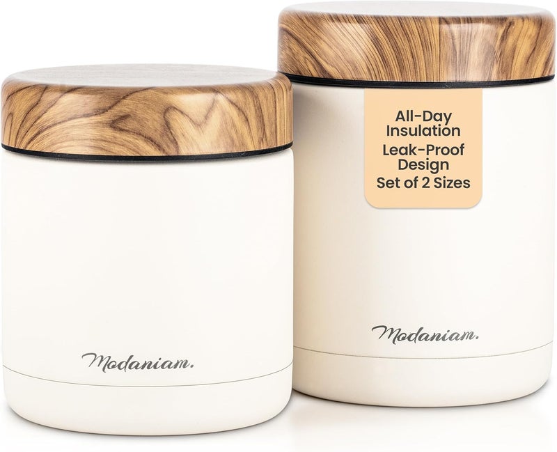 Modaniam Stainless Steel Insulated FoodJar Set of 2 (16oz + 12oz) | Wide Mouth | Soup Thermo for Hot Food Lunch Container | Thermal LunchBox | Insulated Soup Bowl | Hot and Cold Lunch Box for Adults | Vanilla - Image 1